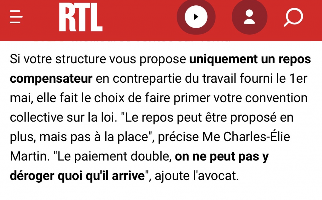 1er mai payé double - citation de Maître Charles-Elie Martin sur RTL